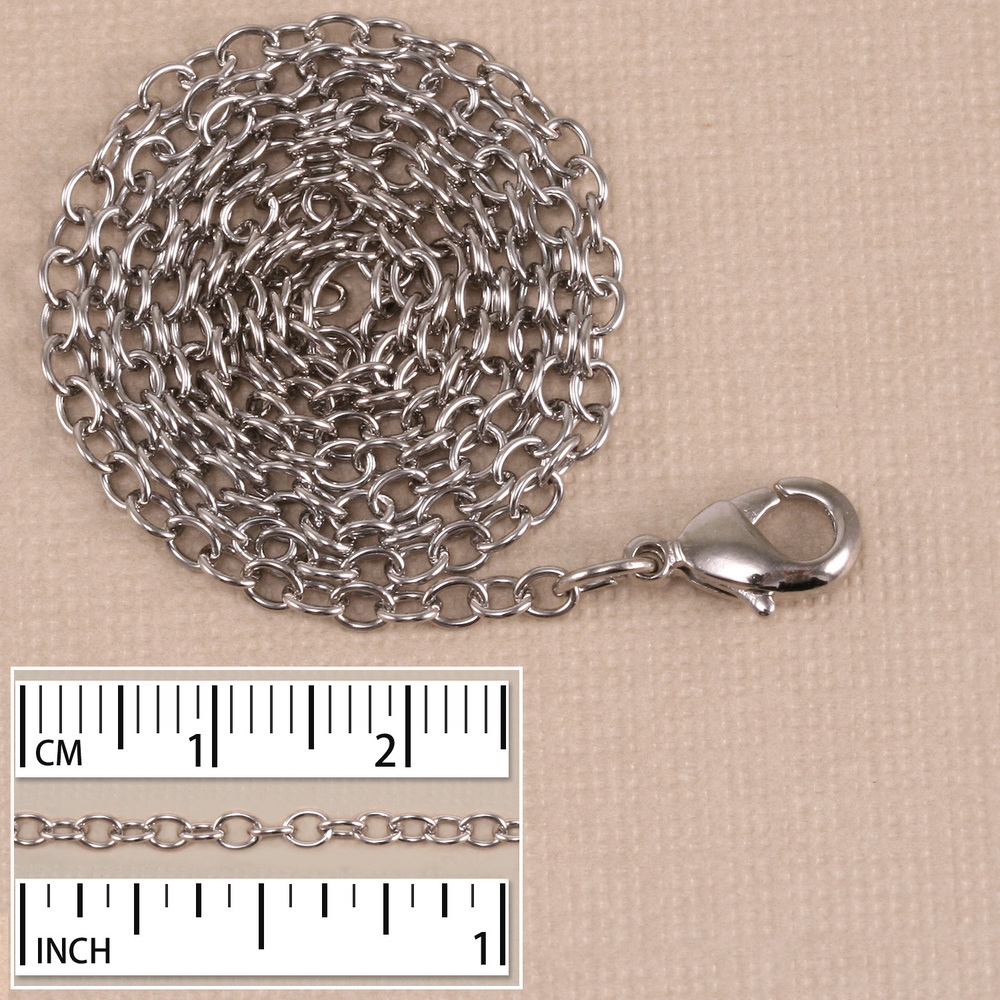 Chain & Clasps Imitation Rhodium Finish, Small Round Cable Chain, 18"